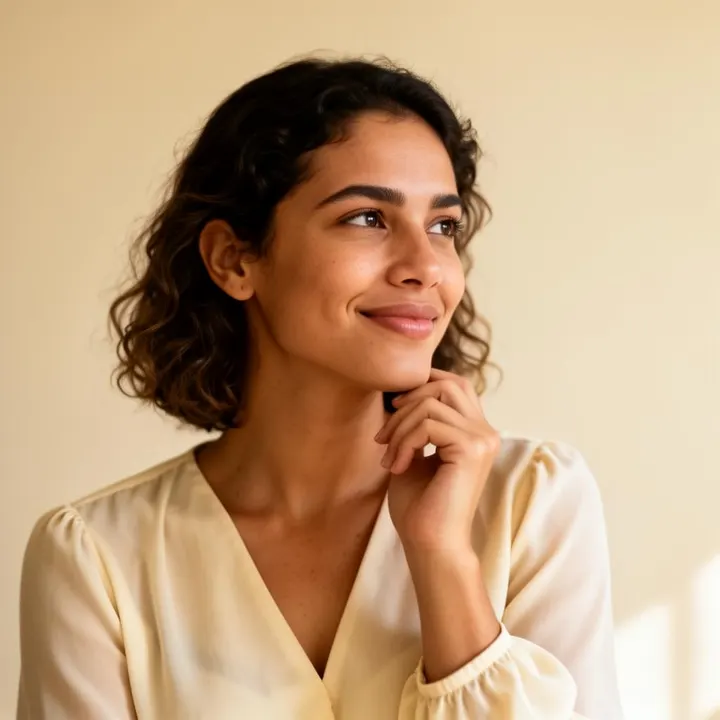 Mulher serena ouvindo, transmitindo confiança.